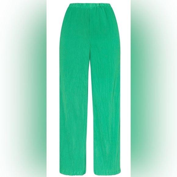 🚨PrettyLittleThing Wide Leg Bright Green Plisse High Waisted Trousers Pants - Picture 2 of 10